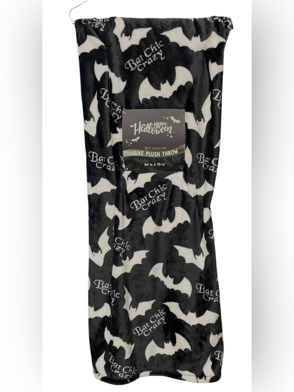 Bat Chic Crazy Halloween Plush Throw White Bats On Black 60x70 NEW NWT